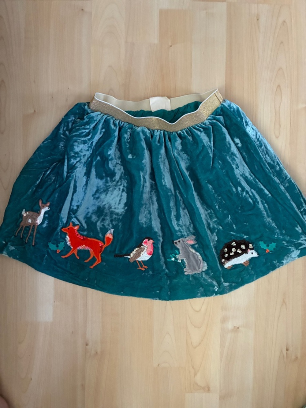 Mini Boden Teal Velvet Skirt with Woodland Animal Embroidery